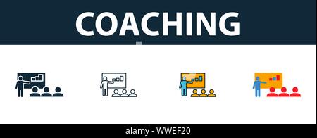 Coaching icon set. Four simple symbols in diferent styles from soft skills icons collection. Creative coaching icons filled, outline, colored and flat Stock Vector
