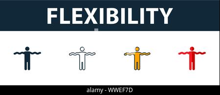 Flexibility icon set. Four simple symbols in diferent styles from soft skills icons collection. Creative flexibility icons filled, outline, colored Stock Vector