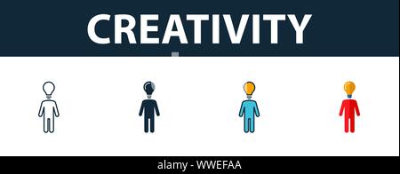 Creativity icon set. Four simple symbols in diferent styles from soft skills icons collection. Creative creativity icons filled, outline, colored and Stock Vector