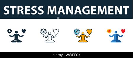 Stress Management icon set. Four simple symbols in diferent styles from soft skills icons collection. Creative stress management icons filled, outline Stock Vector