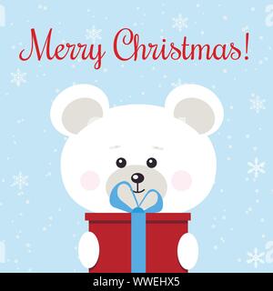 Christmas greeting card with cute polar bear with red gift with blue bow in snow background in cartoon flat style. Stock Vector
