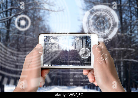 Augmented Reality device using smart technology, mixing virtual and augmentation reality through the application of artificial intelligence and comput Stock Photo