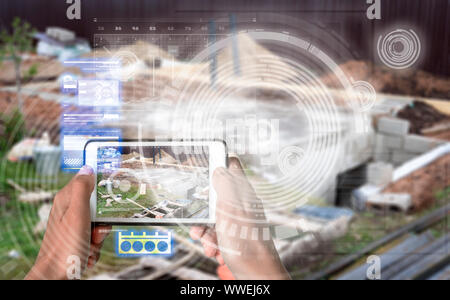 Augmented Reality device using smart technology, mixing virtual and augmentation reality through the application of artificial intelligence and comput Stock Photo