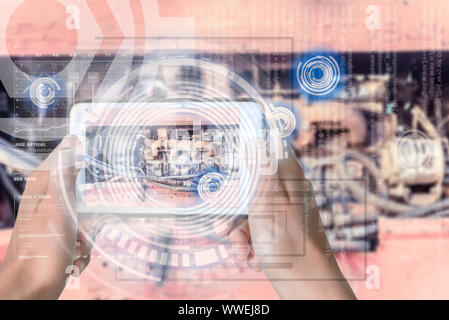 Augmented Reality device using smart technology, mixing virtual and augmentation reality through the application of artificial intelligence and comput Stock Photo