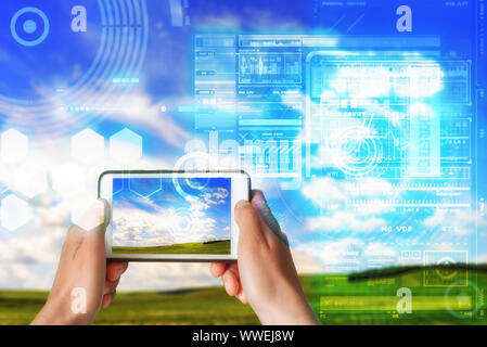 Augmented Reality device using smart technology, mixing virtual and augmentation reality through the application of artificial intelligence and comput Stock Photo