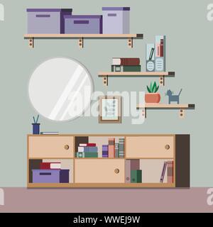 Living room interior background with rack, mirror, plant, books, folders, picture in flat style. Stock Vector