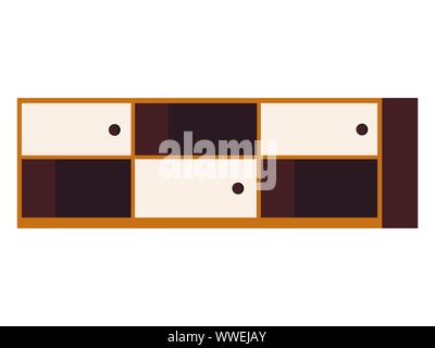 Vector flat cartoon style illustration of wooden rack shelf with doors furniture icon Stock Vector