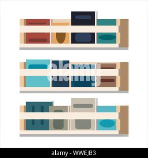 Row and stack of different colorful books on wooden shelf Stock Vector