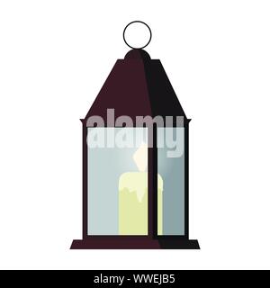 Candle light inside the rectangular metal candlestick with glass walls isolated on white background. Stock Vector