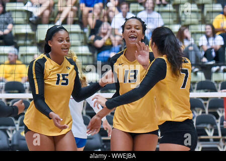 Sep 15, 2019: Missouri players celebrate a point during part of the Mizzou Invitational tournament where Boise State Broncos and the Missouri Tigers, held at The Hearnes Center in Columbia, MO Richard Ulreich/CSM Stock Photo