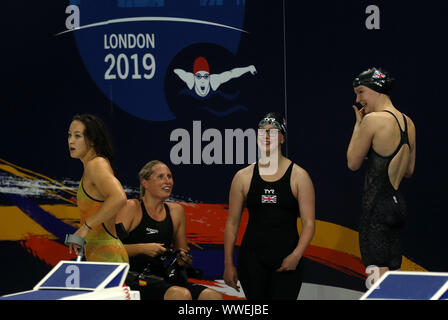 Great Britain's Stephanie Millward, Alice Tai, Brock Whiston and Toni Shaw after winning the Women's 4x100m Freestyle Relay 34pt Final during day seven of the World Para Swimming Allianz Championships at The London Aquatic Centre, London. Stock Photo