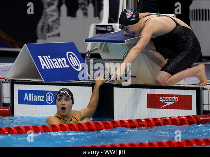 Great Britain's Alice Tai reacting as Toni Shaw congratulates after winning the Women's 4x100m Freestyle Relay 34pt Final during day seven of the World Para Swimming Allianz Championships at The London Aquatic Centre, London. Stock Photo