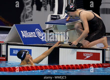 Great Britain's Alice Tai reacting as Toni Shaw congratulates after winning the Women's 4x100m Freestyle Relay 34pt Final during day seven of the World Para Swimming Allianz Championships at The London Aquatic Centre, London. Stock Photo