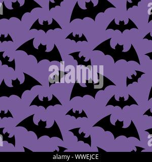 Vector pattern background with bats silhouettes for halloween design. Happy Halloween. Seammles pattern swarm of bats on the purple background. Stock Vector