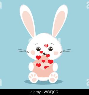 Isolated sweet and cute white rabbit in sitting pose with flying red hearts from an open pink envelope Stock Vector