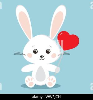 Cute white bunny rabbit in sitting pose with a red lollipop in the shape of a heart - candy holyday gift Stock Vector