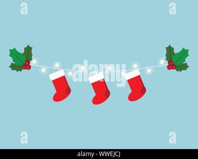 Beautiful Christmas garland with glowing lights, red socks and a sprig of mistletoe isolated on blue background Stock Vector