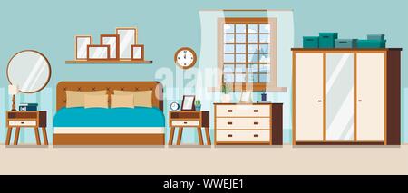 Bedroom with furniture and window view of winter landscape with frozen lake. Stock Vector