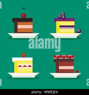 Set of isolated pieces of cake with cherry, blueberries, strawberries, cranberries on a white plate in cartoon flat style. Stock Vector