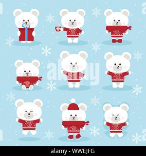 Set of cute christmas polar bear in red sweater in different poses Stock Vector