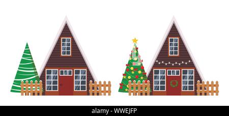 Set of isolated rural farm wood a-frame houses with fences decorated garland and wreath, spruces, christmas tree Stock Vector