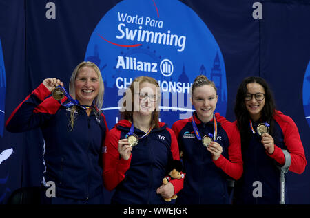 Great Britain's Stephanie Millward, Brock Whiston, Toni Shaw and Alice Tai pose with their gold medals after winning the Women's 4x100m Freestyle Relay 34pt Final during day seven of the World Para Swimming Allianz Championships at The London Aquatic Centre, London. Stock Photo