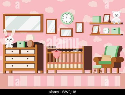Cozy girl s baby room interior pink color background Vector interior scene illustration. Stock Vector