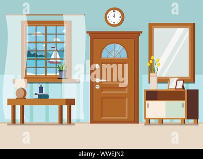 Cozy home entrance hall interior background with furniture. Stock Vector