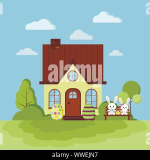 Summer or spring easter landscape nature scene with rural house with chimney. Stock Vector