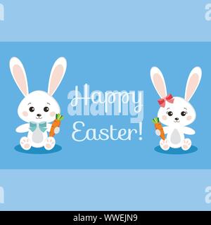 Happy Easter greeting card with funny rabbits holding carrot. Stock Vector