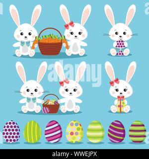Happy Easter set isolated funny rabbits with colorful eggs. Stock Vector