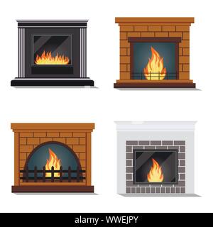 Vector set of isolated icons of cozy fireburning fireplace. Stock Vector