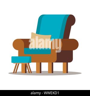 Vector illustration of a cozy brown chair with a padded stool with wooden legs. Stock Vector