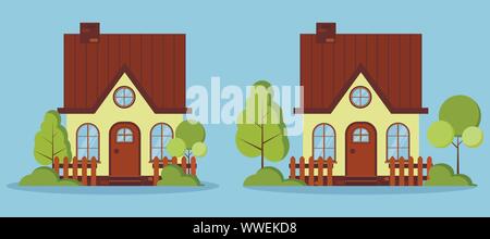 Set of isolated beautiful rural farm fabulous houses with attic, chimney, fences. Stock Vector