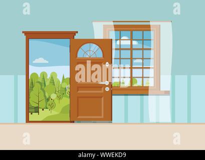 Wood opened entrance door and window with beautiful summer view. Stock Vector