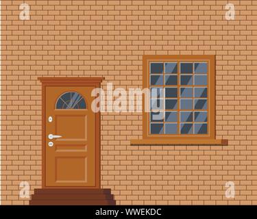 Vector wooden closed front door with stairs and window. Stock Vector