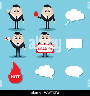Sale set of isolated vector elegant smiling businessman in black suit. Stock Vector