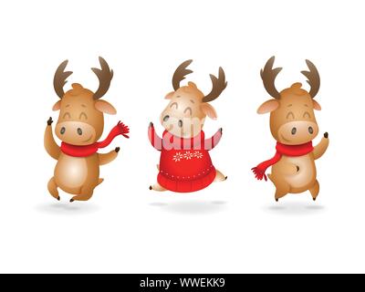 Cute Moose or Reindeer celebrate winter holidays happy expression - they jumping up - vector illustration isolated on transparent background Stock Vector