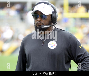 Pittsbugh, United States. 15th Sep, 2019. Pittsburgh Steelers head coach Mike Tomlin walks the sidelines in the fourth quarter of the Seattle Seahawks 28-26 win at Heinz Field in Pittsburgh on Sunday, Sept 15, 2019. Photo by Archie Carpenter/UPI Credit: UPI/Alamy Live News Stock Photo