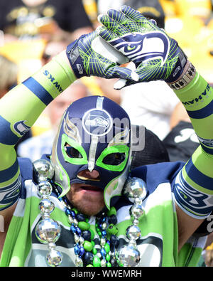 Pittsbugh, United States. 15th Sep, 2019. A Seattle Seahawks fan before the start of the Seattle Seahawks 28-26 win over the Pittsburgh Steelers at Heinz Field in Pittsburgh on Sunday, Sept 15, 2019. Photo by Archie Carpenter/UPI Credit: UPI/Alamy Live News Stock Photo