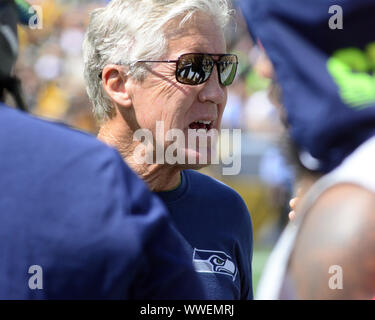 Pittsbugh, United States. 15th Sep, 2019. Seattle Seahawks head coach Pete Carroll during the first half of the Seattle Seahawks 28-26 win over the Pittsburgh Steelers at Heinz Field in Pittsburgh on Sunday, Sept 15, 2019. Photo by Archie Carpenter/UPI Credit: UPI/Alamy Live News Stock Photo