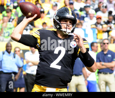 Pittsbugh, United States. 15th Sep, 2019. Pittsburgh Steelers quarterback Mason Rudolph (2) takes over the quarterback role for the second half of the Seahawks 28-26 win over the Pittsburgh Steelers at Heinz Field in Pittsburgh on Sunday, Sept 15, 2019. Photo by Archie Carpenter/UPI Credit: UPI/Alamy Live News Stock Photo