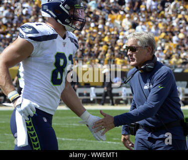 Pittsbugh, United States. 15th Sep, 2019. Seattle Seahawks head coach Pete Carroll during the first half of the Seattle Seahawks 28-26 win over the Pittsburgh Steelers at Heinz Field in Pittsburgh on Sunday, Sept 15, 2019. Photo by Archie Carpenter/UPI Credit: UPI/Alamy Live News Stock Photo
