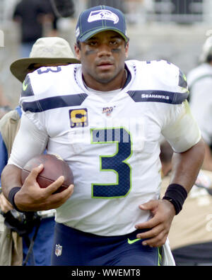 Pittsbugh, United States. 15th Sep, 2019. Seattle Seahawks quarterback Russell Wilson (3) runs off Heinz Field following the 28-26 win against the Pittsburgh Steelers in Pittsburgh on Sunday, Sept 15, 2019. Photo by Archie Carpenter/UPI Credit: UPI/Alamy Live News Stock Photo