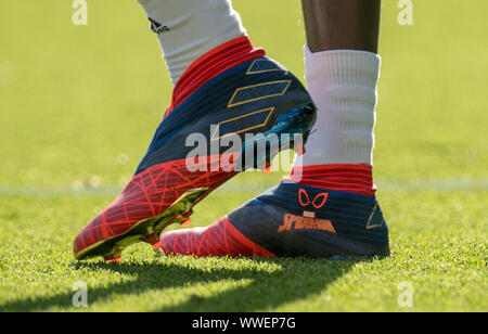 Watford, UK. 15th Sep, 2019. The Spiderman themed football boots of Nicolas PŽpŽ of Arsenal during the Premier League match between Watford and Arsenal at Vicarage Road, Watford, England on 16