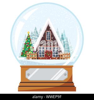 Vector flat style Christmas design crystal snow globe with decorated house and xmas tree near home isolated on white. Stock Vector
