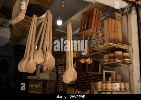 Shop producing wooden materials. Wooden products are on the shelf. Stock Photo