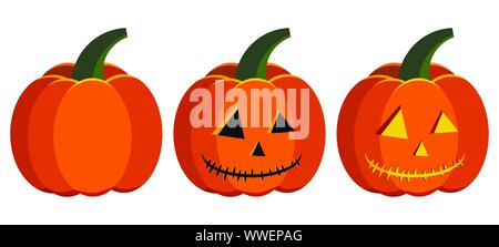 Vector flat design pumpkin halloween carving stages icon set - vegetable, carved, jack lantern with light inside. Stock Vector