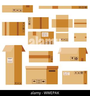 Vector flat design cartoon style illustration cardboard parcels set with packaging sings isolated on white background. Stock Vector