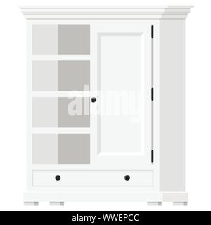 Vector illustration of white wooden provence style empty home cupboard with shelves and door icon isolated on white background Stock Vector